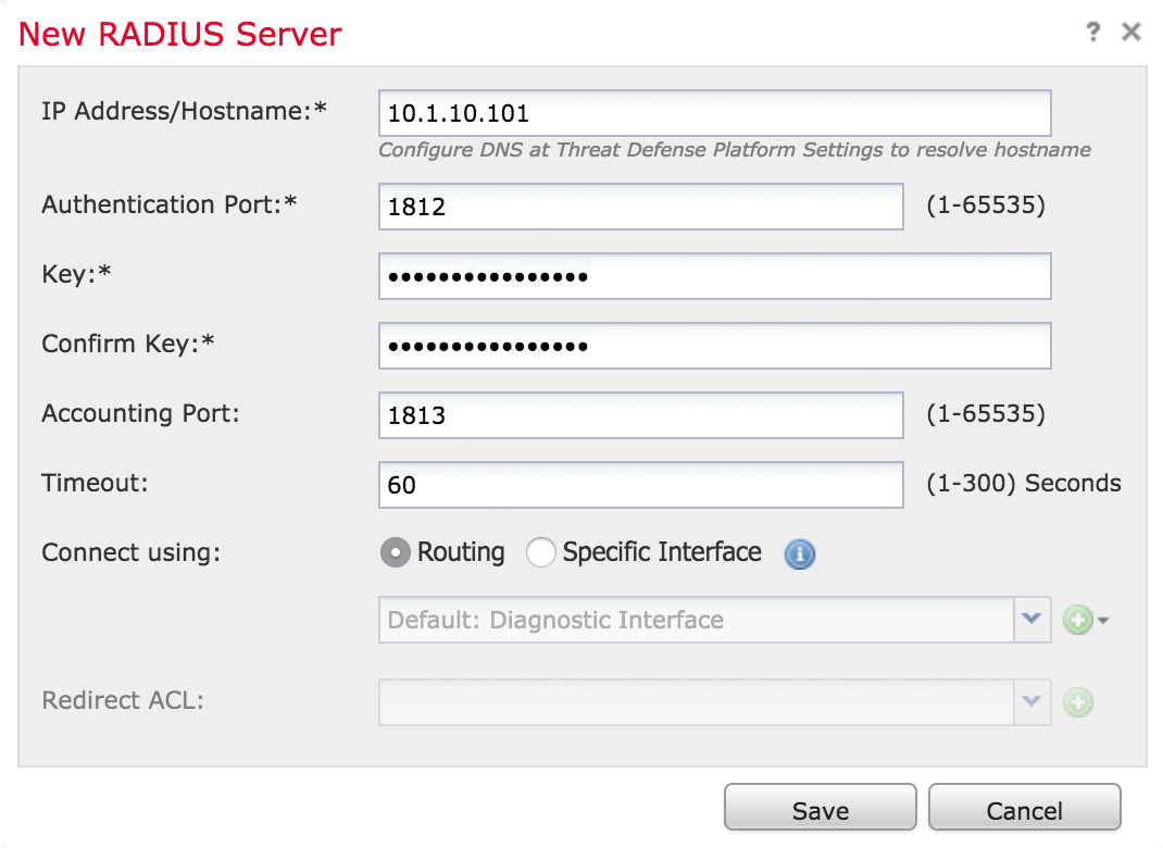 FMC Completed New RADIUS Server Form