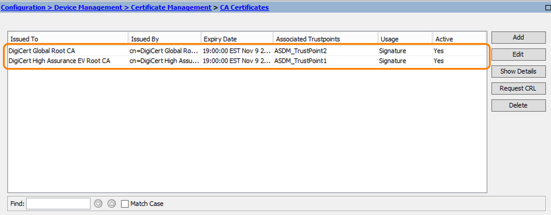 DigiCert CA Certificates in ASDM