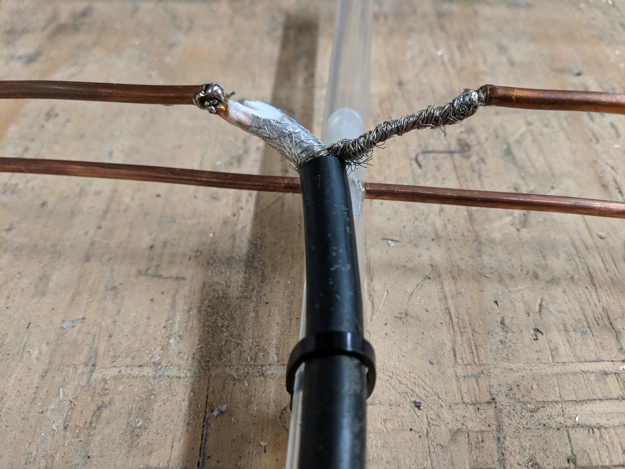 Photo of coax soldered to a folded dipole