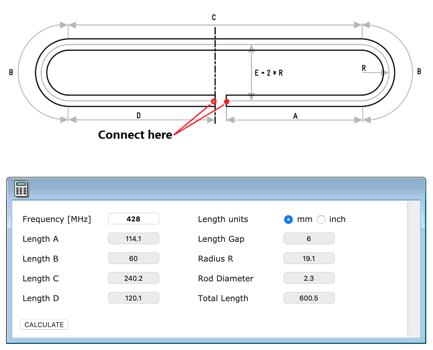 Screenshot of an online tool showing an example of the dimensions for a folded dipole, photo credit: screenshot of https://www.changpuak.ch/electronics/Dipole_folded.php