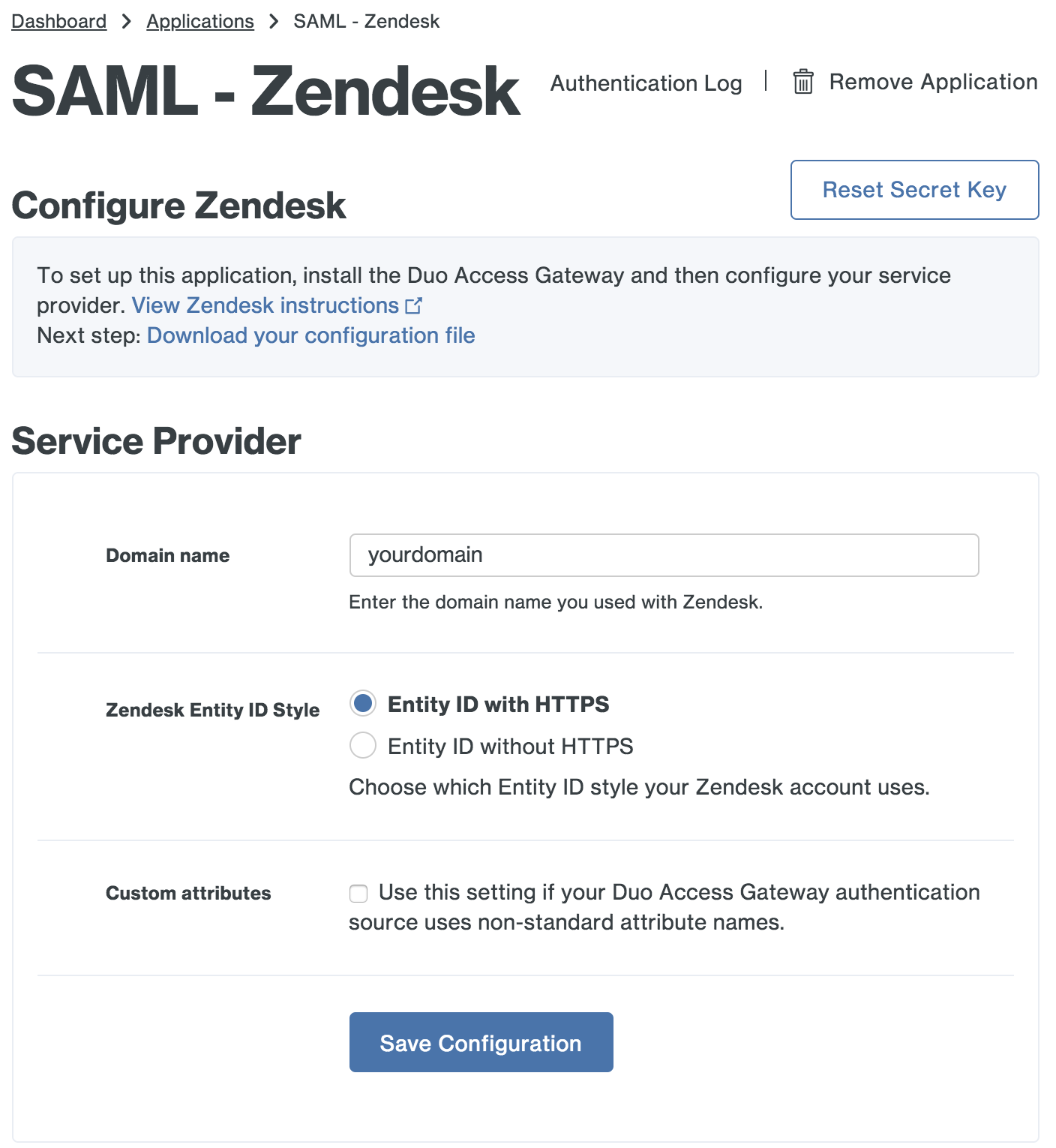 Duo Zendesk Application Settings