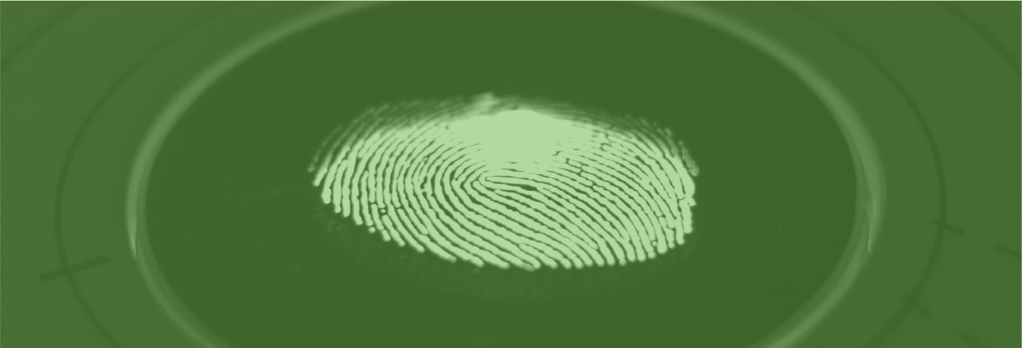 A fingerprint on a lighted screen, overlaid with a color filter of Duo green